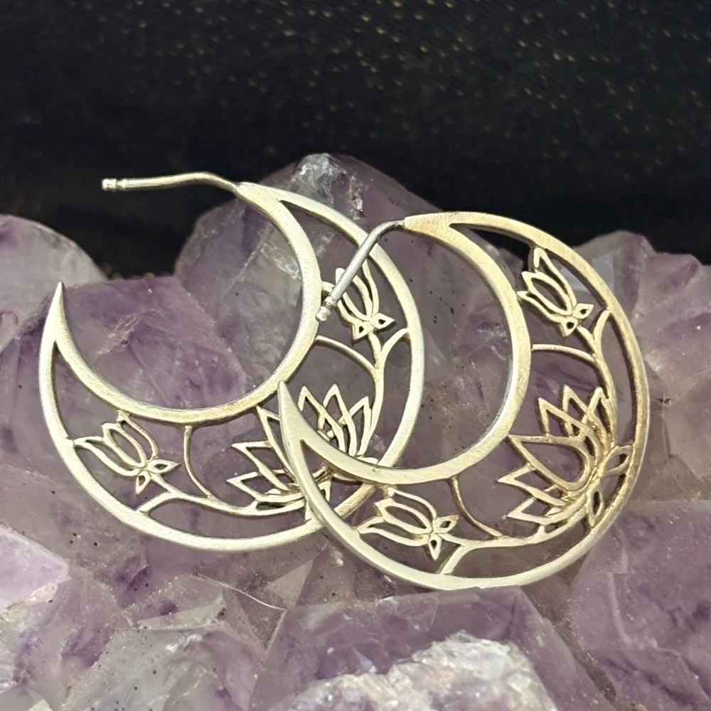Silver Crescent Moon with Lotus Design Earrings